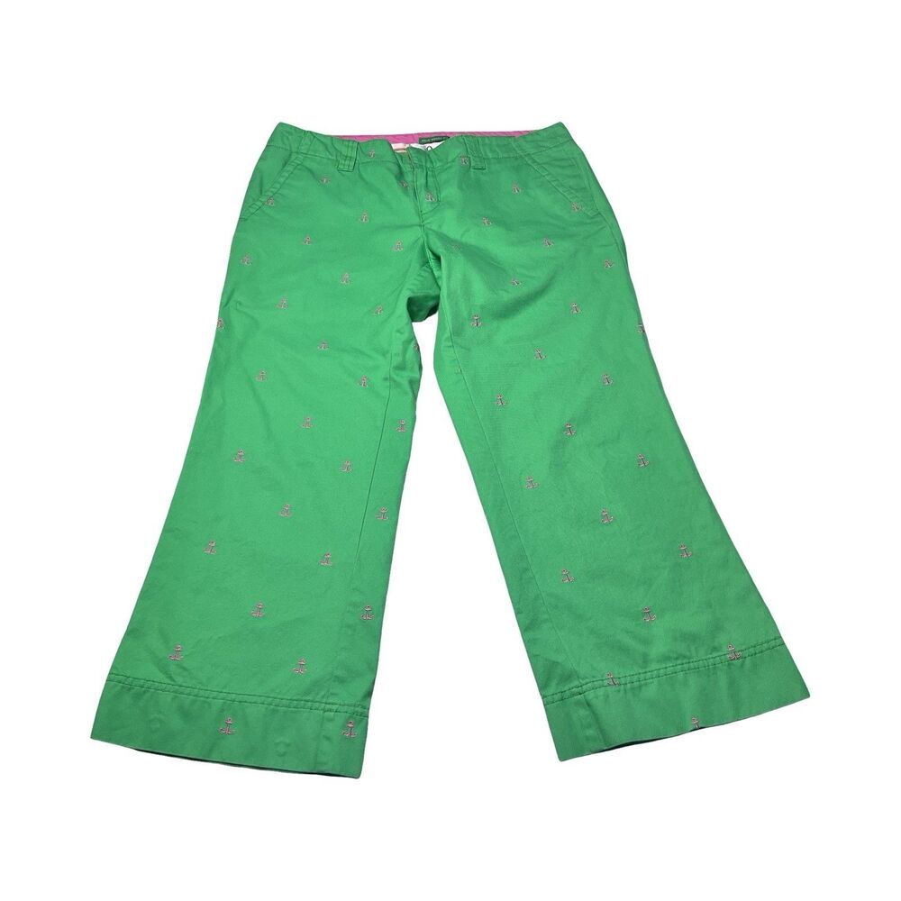 Lilly Pulitzer Green Anchor Embroidered Palm Beach Fit Wide Leg Crop‎ Pants 4